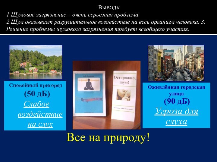 ВЫВОДЫ1.Шумовое загрязнение – очень серьезная проблема. 2.Шум оказывает разрушительное воздействие на весь