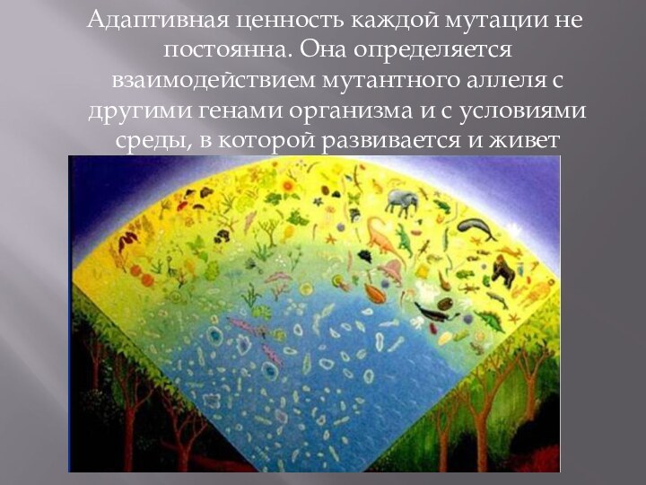 Адаптивная ценность каждой мутации не постоянна. Она определяется взаимодействием мутантного аллеля с