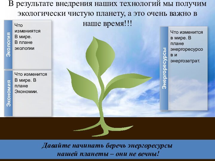 В результате внедрения наших технологий мы получим экологически чистую планету, а это