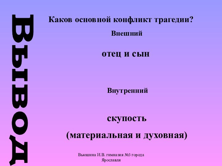 Вьюшина И.В. гимназия №3 города ЯрославляКаков основной конфликт трагедии?ВыводВнешнийотец и сынВнутреннийскупость (материальная и духовная)