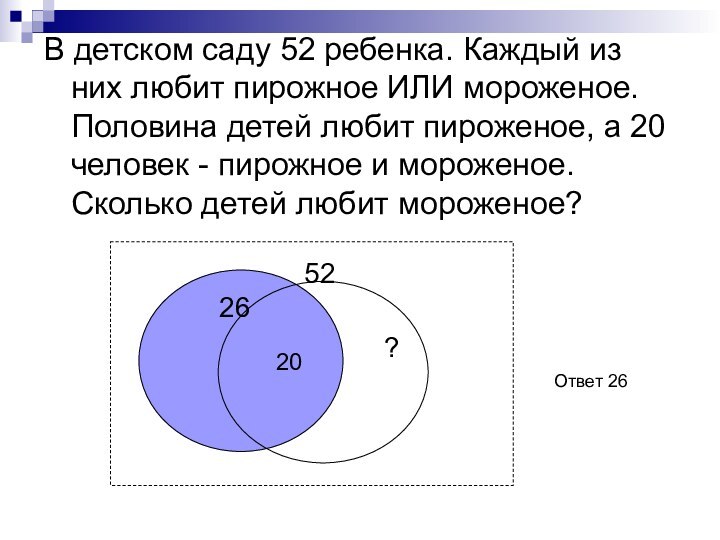 В детском саду 52 ребенка. Каждый из них любит пирожное ИЛИ мороженое.