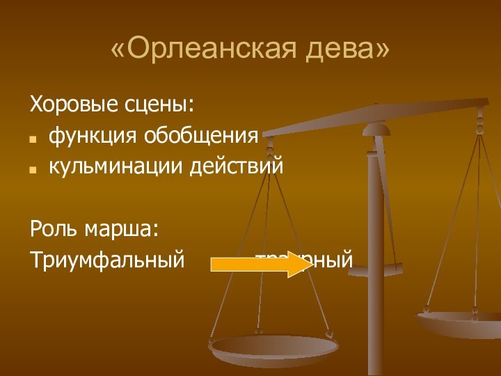 «Орлеанская дева»Хоровые сцены: функция обобщениякульминации действийРоль марша:Триумфальный 			траурный