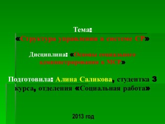 Тема: Структура управления в системе СРДисциплина: Основы социального администрирования в МСРПодготовила:Алина Саликова, студентка 3 курса, отделения Социальная работа