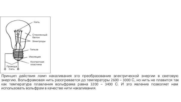 Принцип действия ламп накаливания это преобразование электрической энергии в световую энергию. Вольфрамовая