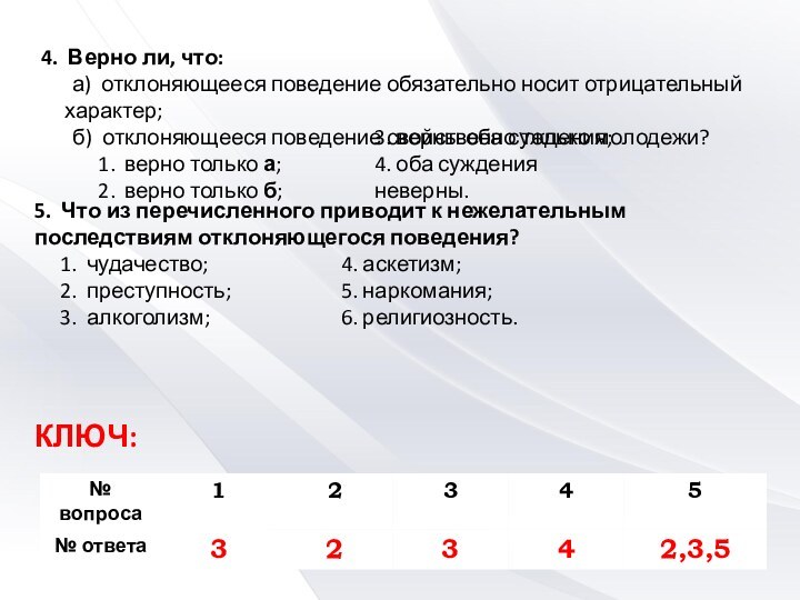 4. Верно ли, что: а) отклоняющееся поведение обязательно носит отрицательный характер; б)