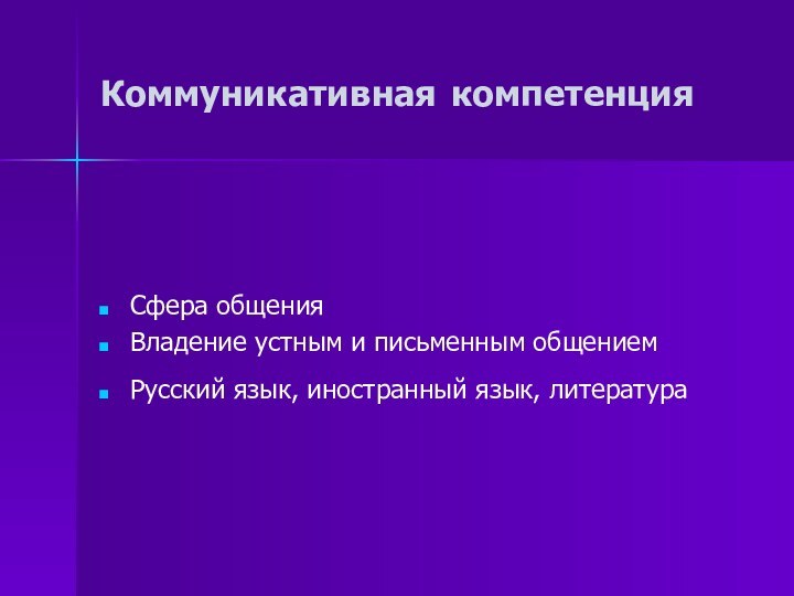 Коммуникативная компетенцияСфера общенияВладение устным и письменным общениемРусский язык, иностранный язык, литература