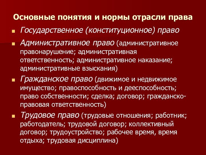 Основные понятия и нормы отрасли праваГосударственное (конституционное) правоАдминистративное право (административное правонарушение; административная