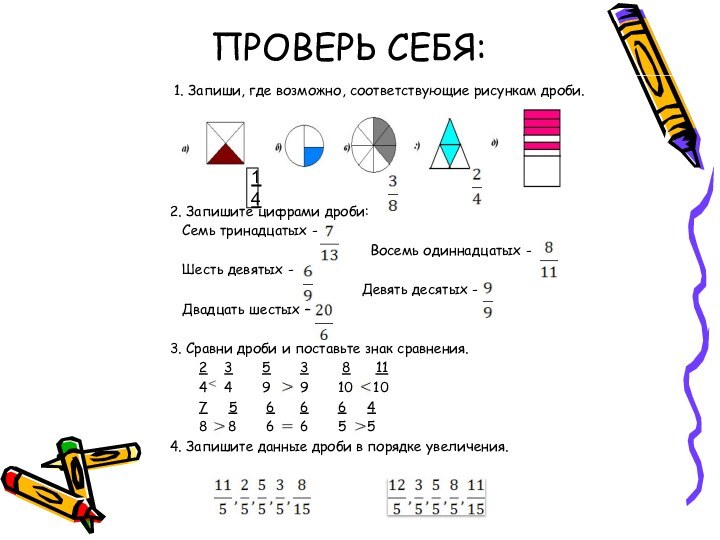 Проверь себя 1. Запиши, где возможно, соответствующие рисункам дроби.2. Запишите цифрами дроби: