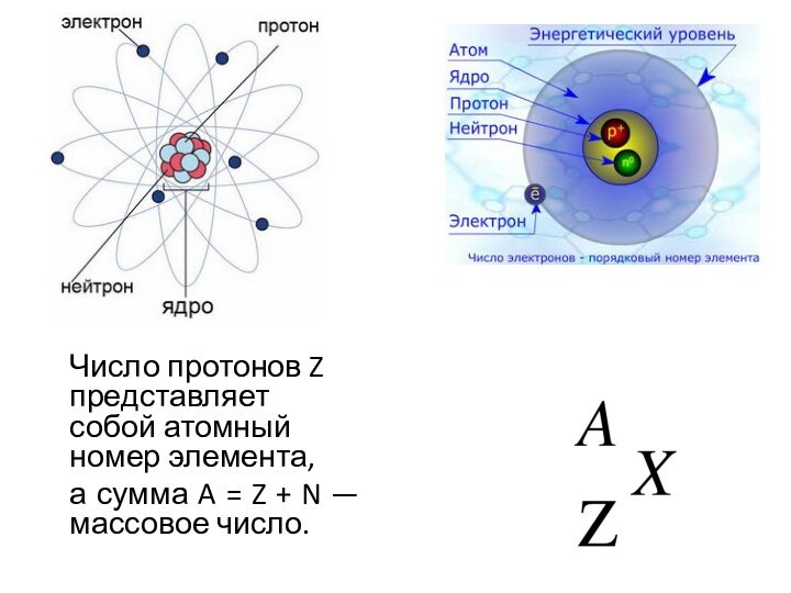 Число протонов Z представляет собой атомный номер элемента, а сумма A =