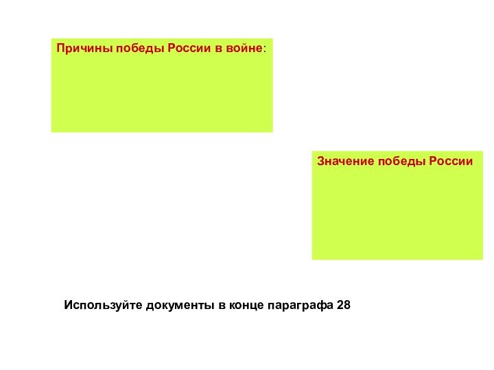 Причины победы России в войне:Значение победы России Используйте документы в конце параграфа 28