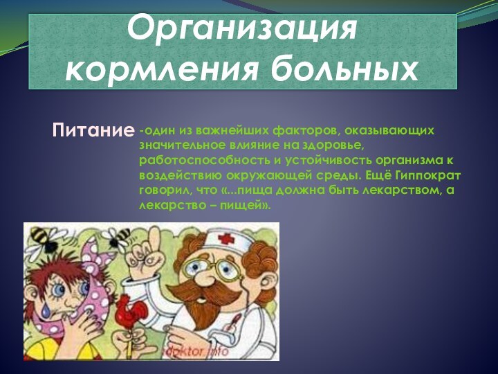 Организация кормления больных-один из важнейших факторов, оказывающих значительное влияние на здоровье, работоспособность