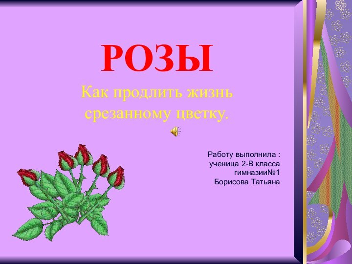 РОЗЫ Как продлить жизнь срезанному цветку.Работу выполнила :ученица 2-В классагимназии№1Борисова Татьяна