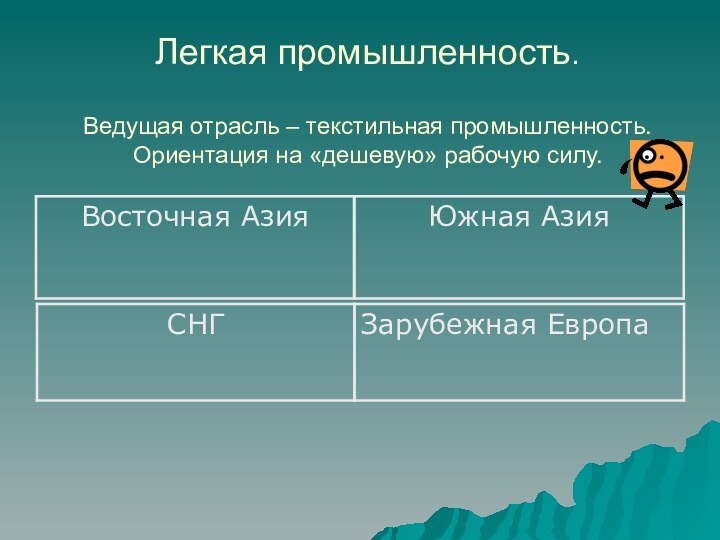 Легкая промышленность.  Ведущая отрасль – текстильная промышленность. Ориентация на «дешевую» рабочую силу.