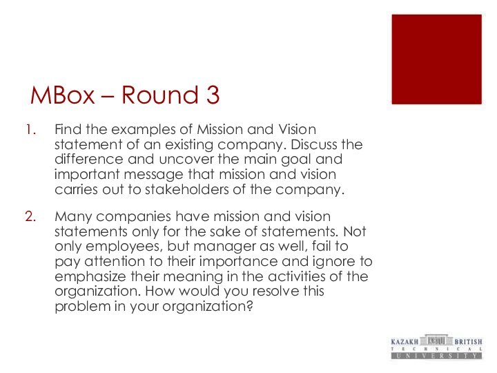 MBox – Round 3 Find the examples of Mission and Vision statement