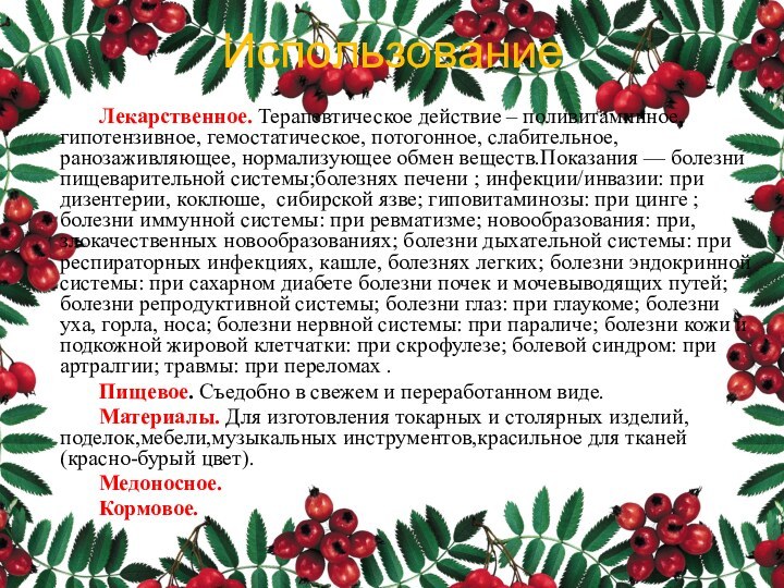 Использование	Лекарственное. Терапевтическое действие – поливитаминное, гипотензивное, гемостатическое, потогонное, слабительное, ранозаживляющее, нормализующее обмен