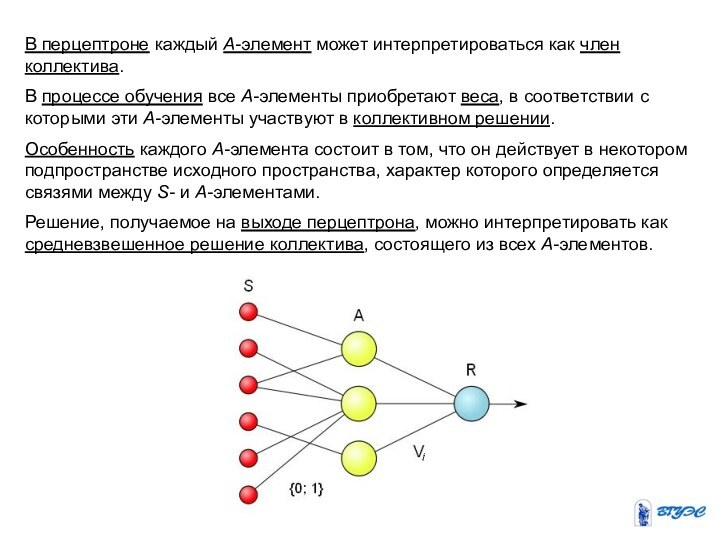 В перцептроне каждый A-элемент может интерпретироваться как член коллектива. В процессе обучения