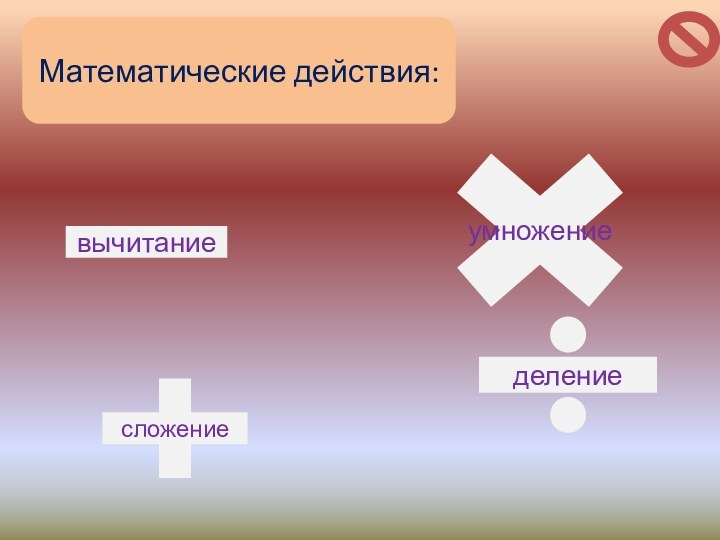 Математические действия:сложениевычитаниеумножениеделение