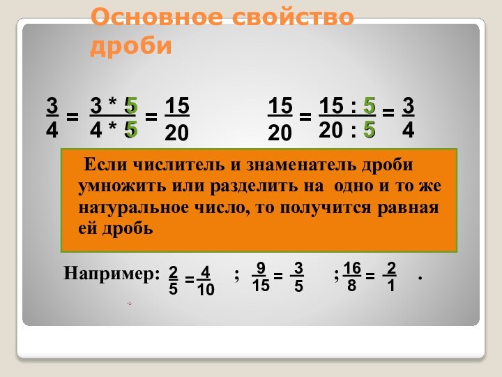 Основное свойство дроби  Если числитель и знаменатель дроби умножить или разделить