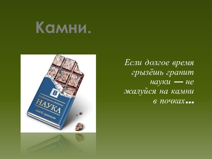 Камни.   Если долгое время грызёшь гранит науки — не жалуйся на камни в почках…