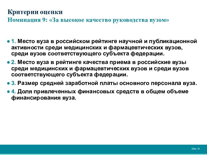 Критерии оценки Номинация 9: «За высокое качество руководства вузом»1. Место вуза в