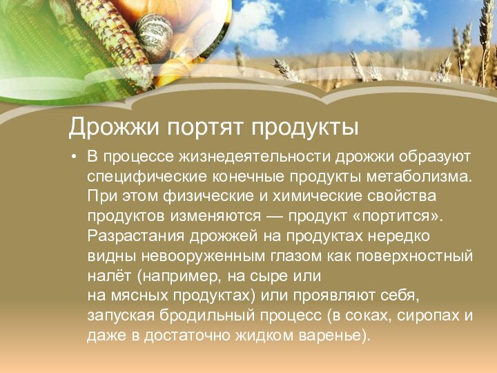 Дрожжи портят продуктыВ процессе жизнедеятельности дрожжи образуют специфические конечные продукты метаболизма. При этом