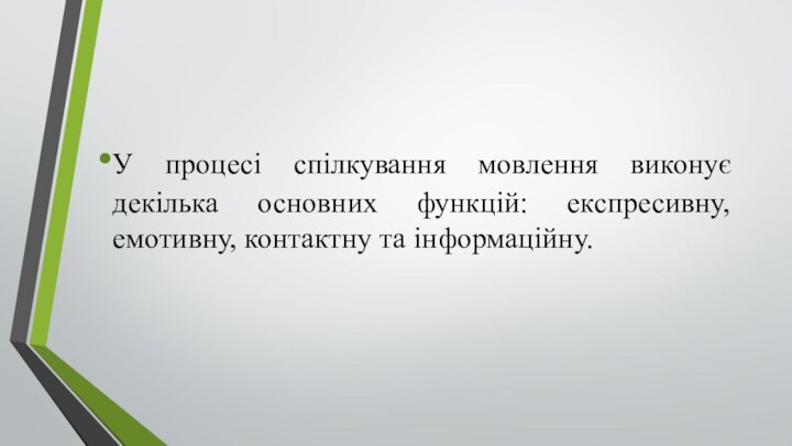 У процесі спілкування мовлення виконує декілька основних функцій: експресивну, емотивну, контактну та інформаційну.