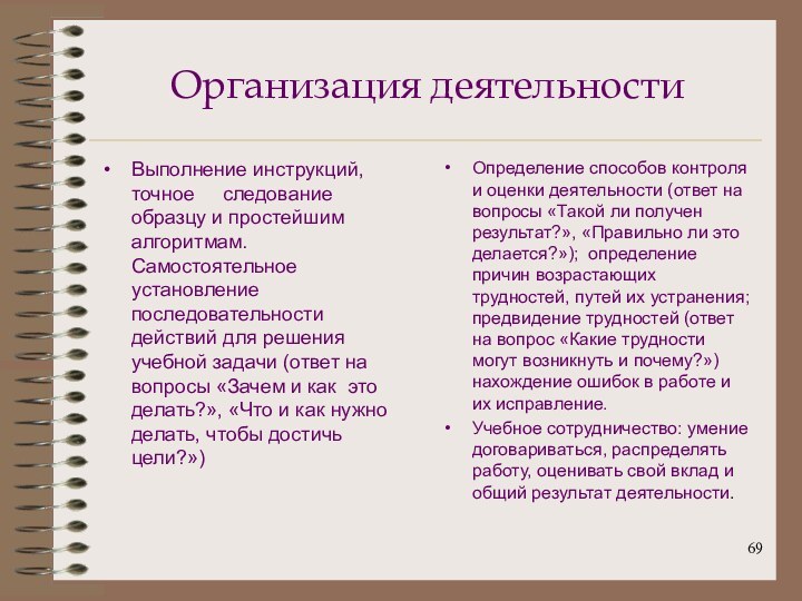 Организация деятельностиВыполнение инструкций, точное   следование образцу и простейшим алгоритмам. Самостоятельное