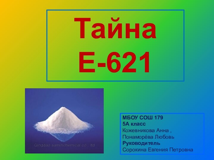 Тайна Е-621МБОУ СОШ 1795А классКожевникова Анна , Понаморёва Любовь РуководительСорокина Евгения Петровна