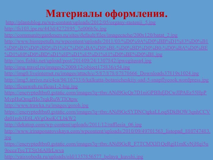 Материалы оформления. http://plantsblog.ru/wp-content/uploads/2012/05/organy-rastenij_5.jpg http://fs103.jpe.ru/443d/4272895_7e006b5c.jpg http://communitygardeners.ru/sites/default/files/imagecache/200x120/batat_2.jpghttp://www.biorepetufa.ru/wpcontent/uploads/2011/03/%D0%9A%D0%BB%D1%83%D0%B1%D0%B5%D0%BD%D1%8C%D0%BA%D0%B8-%D0%BD%D0%B0-%D0%BA%D0%BE%D1%80%D0%BD%D1%8F%D1%85%D1%81%D0%BE%D0%B8.jpghttp://sos.fishki.net/upload/post/201409/24/1307842/ipwcgiteoa4.jpghttp://img.travel.ru/images2/2009/12/object175836/r54.jpghttp://img0.liveinternet.ru/images/attach/c/5/87/878/87878666_Downloads37819x1024.jpghttp://img5.arrivo.ru/c4ca/94/16733/6/kalkutta-botanicheskiiy-sad-5-snapflycook.wordpress.jpghttp://ficusweb.ru/ficus1-2-big.jpghttps://encryptedtbn0.gstatic.com/images?q=tbn:ANd9GcQz7D1niGPBlhfjDCwJIPAEz55HpPMvpHuQmgfHo7rqkRuWTIOtpwhttp://www.trawka.ru/images/goroh.jpghttps://encryptedtbn0.gstatic.com/images?q=tbn:ANd9GcSYDNCtgkaLLoqSDkBOW3qnhCCVda01rob3E6LAVgOoeKCLbkW2http://dekatop.com/wp-content/uploads/2011/12/rafflesia_06.jpghttp://www.irinaponarovskaya.com/wpcontent/uploads/2010/09/49701563_listopad_880747483.jpg https://encryptedtbn0.gstatic.com/images?q=tbn:ANd9GcR_F7TCMXlf1QeRgjI1mKvNjHqi5u9occzTycTT5jt36AHrLwva http://yaisvoboda.ru/uploads/old/1357856577_belaya_kuvshi.jpg