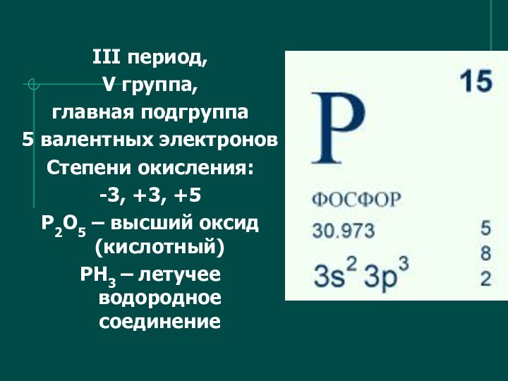 III период, V группа,главная подгруппа5 валентных электроновСтепени окисления: -3, +3, +5Р2О5 –