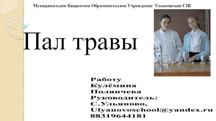 Пал травыРаботу выполнили: Кулёмина Татьяна Николаевна 19.05.2003г.Полянчева Марина Алексеевна 26.03.2004г.Руководитель: Водина Наталья