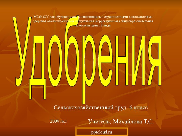 УдобренияСельскохозяйственный труд 6 классУчитель: Михайлова Т.С.2009 годМС(К)ОУ для обучающихся, воспитанников с ограниченными