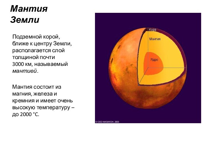 Мантия ЗемлиПодземной корой, ближе к центру Земли, располагается слой толщиной почти 3000 км,