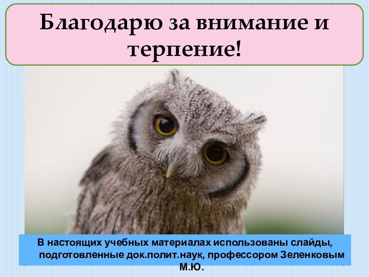 Благодарю за внимание и терпение!В настоящих учебных материалах использованы слайды, подготовленные док.полит.наук, профессором Зеленковым М.Ю.