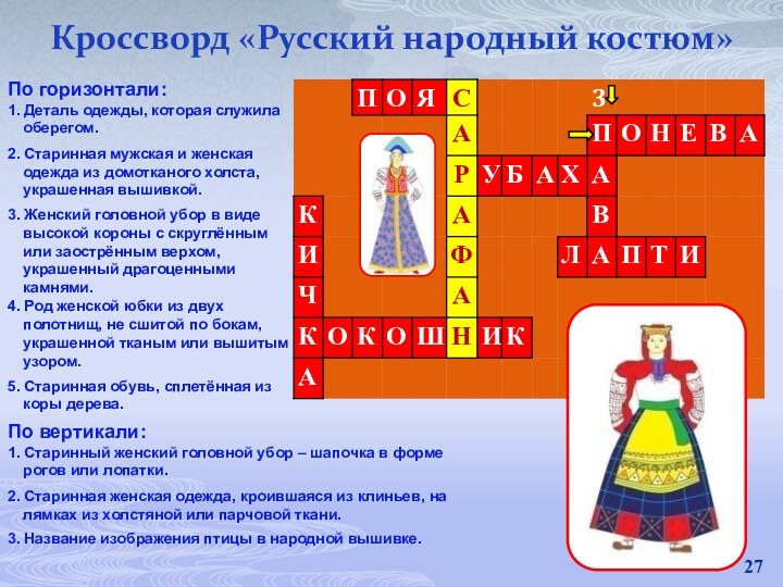 Кроссворд «Русский народный костюм»По горизонтали:1. Деталь одежды, которая служила оберегом. По вертикали:1.
