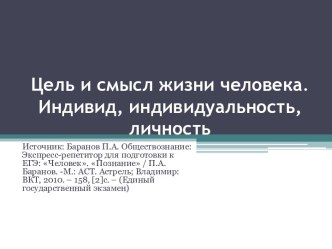 Цель и смысл жизни человека. Индивид, индивидуальность, личность