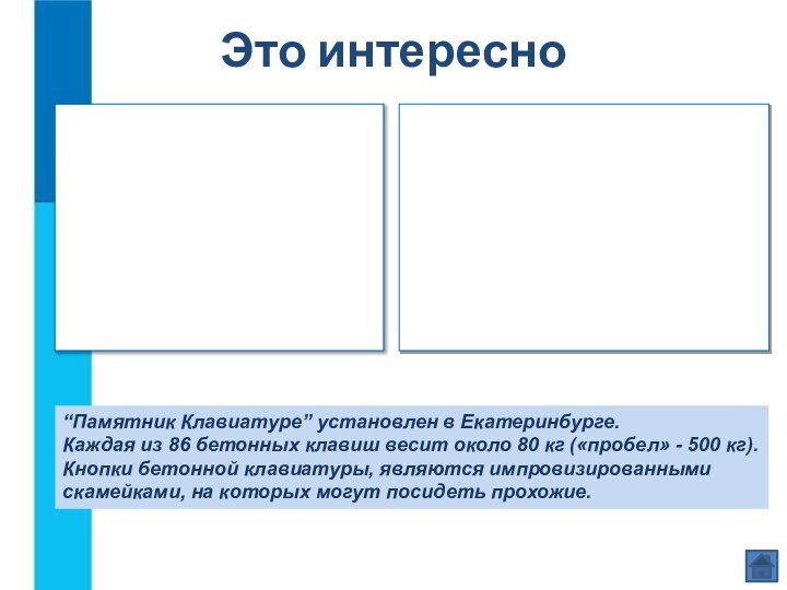 Это интересно“Памятник Клавиатуре” установлен в Екатеринбурге. Каждая из 86 бетонных клавиш весит