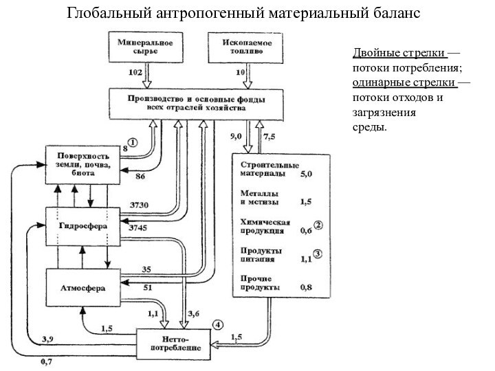 Двойные стрелки — потоки потребления; одинарные стрелки — потоки отходов и загрязнения