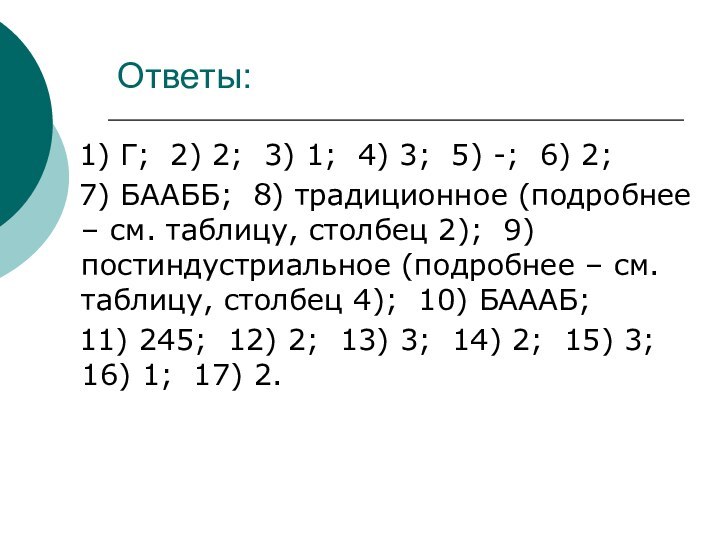 Ответы:  1) Г; 2) 2; 3) 1; 4) 3; 5) -;