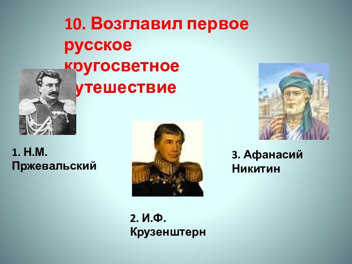 10. Возглавил первое русское кругосветное путешествие1. Н.М.Пржевальский3. Афанасий Никитин2. И.Ф. Крузенштерн