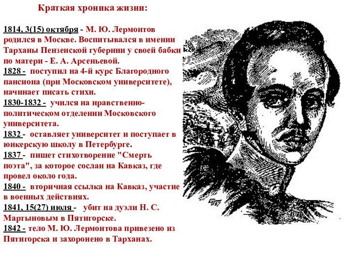 Краткая хроника жизни:1814, 3(15) октября - М. Ю. Лермонтов