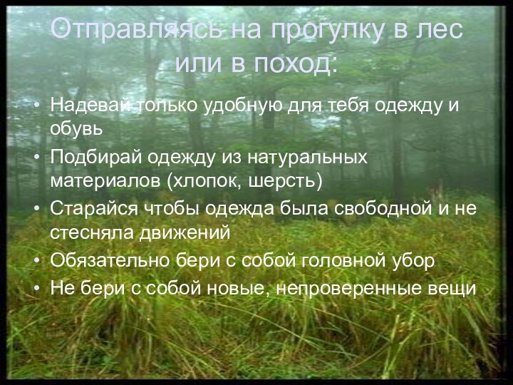 Отправляясь на прогулку в лес или в поход:Надевай только удобную для тебя