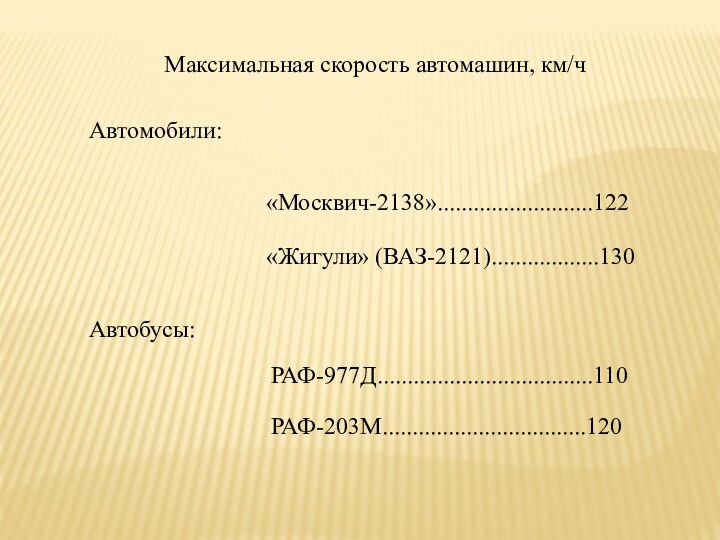 Максимальная скорость автомашин, км/ч Автомобили: Автобусы: