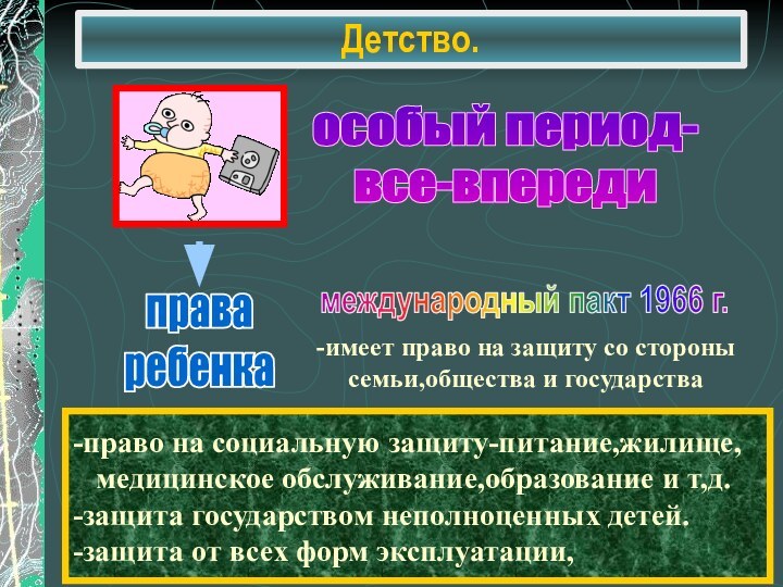 Детство.-право на социальную защиту-питание,жилище,  медицинское обслуживание,образование и т,д. -защита государством неполноценных