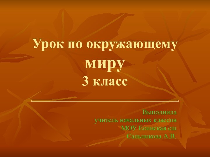 Урок по окружающему миру  3 классВыполнила учитель начальных классовМОУ Есинская сшСальникова А.В.