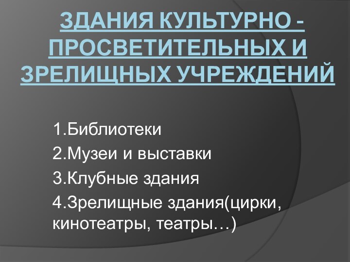 здания КульТУРно - просветительных и зрелищных учреждений 1.Библиотеки2.Музеи и выставки3.Клубные здания4.Зрелищные здания(цирки, кинотеатры, театры…)