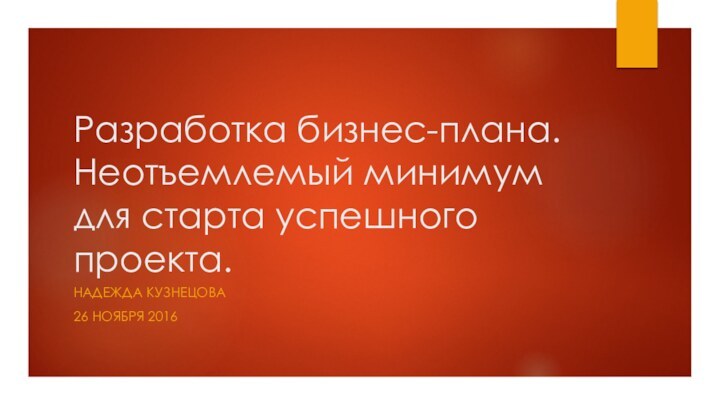 Разработка бизнес-плана.  Неотъемлемый минимум для старта успешного проекта. Надежда Кузнецова26 ноября 2016