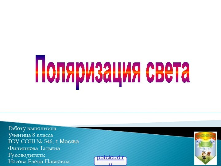 Работу выполнила Ученица 8 класса ГОУ СОШ № 546, г. МоскваФилиппова ТатьянаРуководитель:Носова Елена ПавловнаПоляризация света