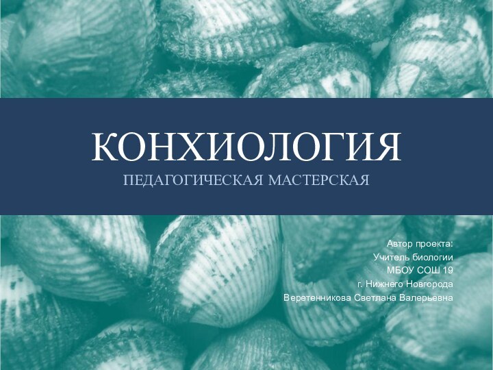 КОНХИОЛОГИЯ ПЕДАГОГИЧЕСКАЯ МАСТЕРСКАЯАвтор проекта:Учитель биологииМБОУ СОШ 19г. Нижнего НовгородаВеретенникова Светлана Валерьевна