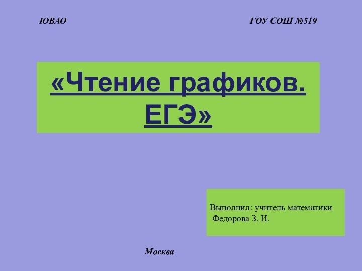 «Чтение графиков. ЕГЭ»ЮВАОГОУ СОШ №519Москва Выполнил: учитель математики  Федорова З. И.